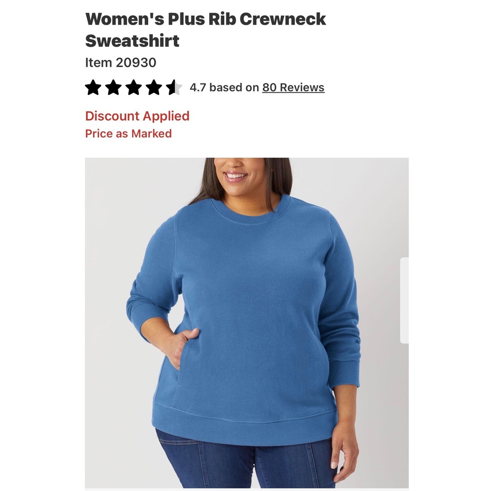 Duluth Trading Co Womens Rib Crewneck Sweatshirt Blue XXL 20929 Cotton Pullover
